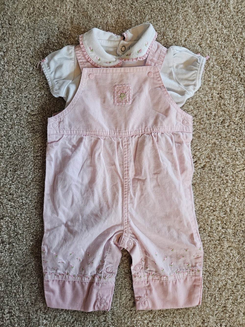 Vintage Carter's Light Pink Floral Embroidered Overalls with White Collar Top